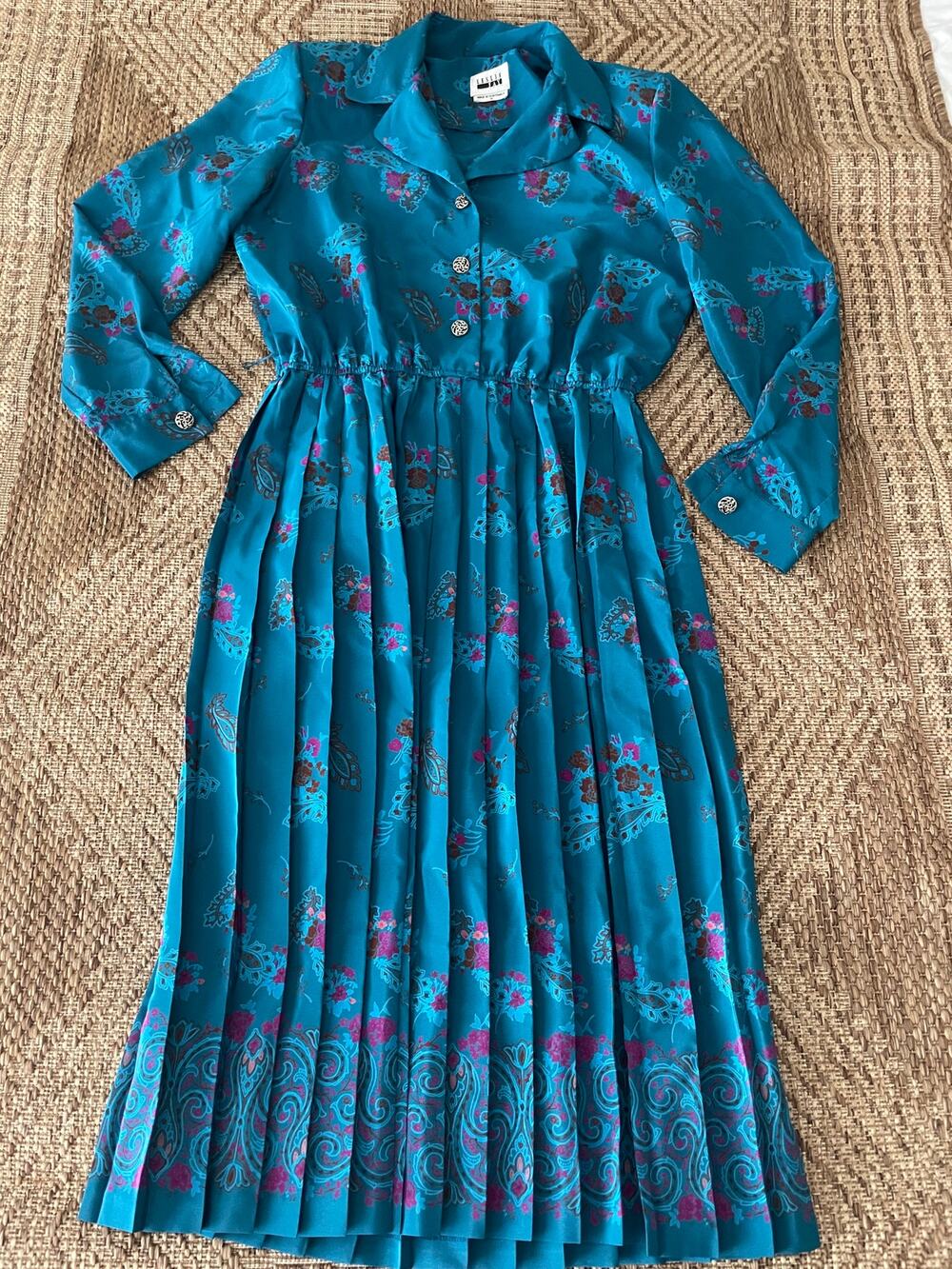 Vtg. Leslie Fay Long Sleeve Accordion Dress SZ 14 teal floral print retro